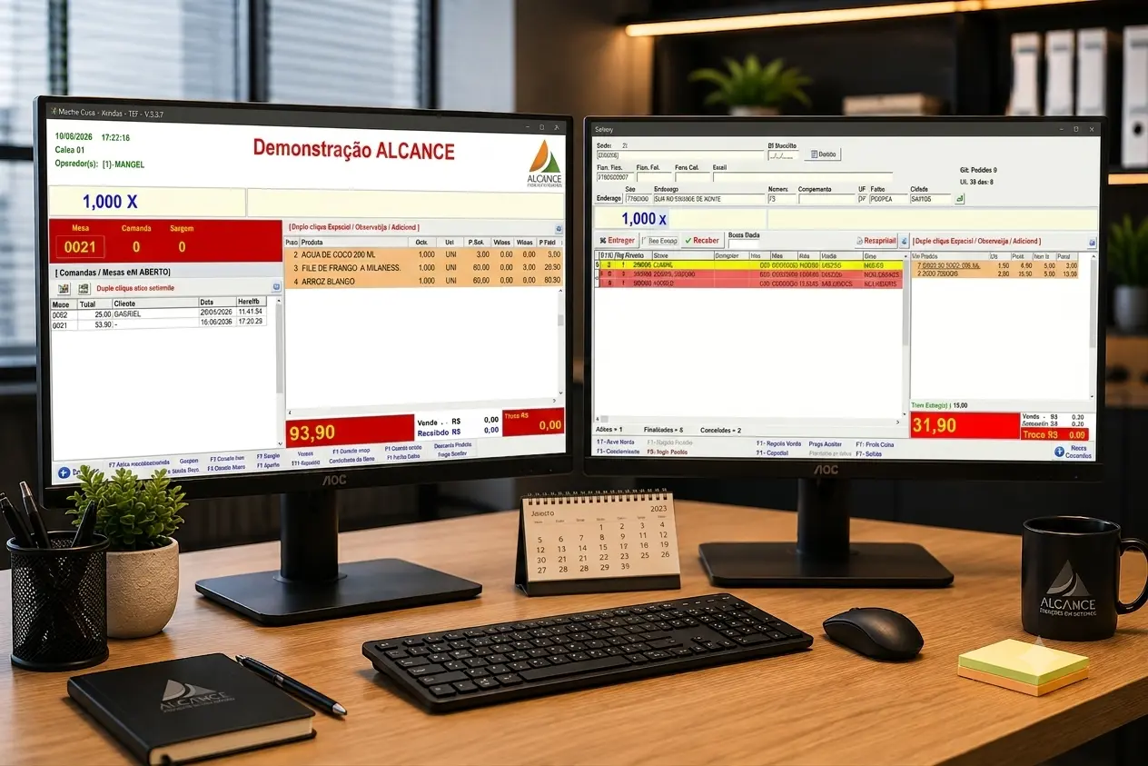Interface do Sistema Mestre Cuca rodando em um notebook, exibindo painel de vendas, mesas e monitoramento de comandas abertas em tempo real